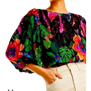 Farm Rio Blooming Garden blouse, puff sleeves, keyhole back closure, Small